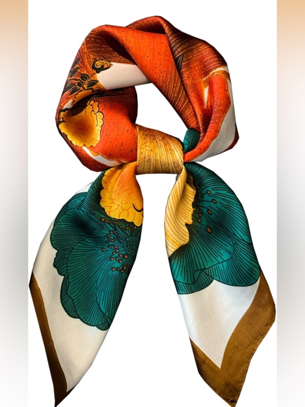 Silk Floral Neck Scarf in Orange, Teal & Gold